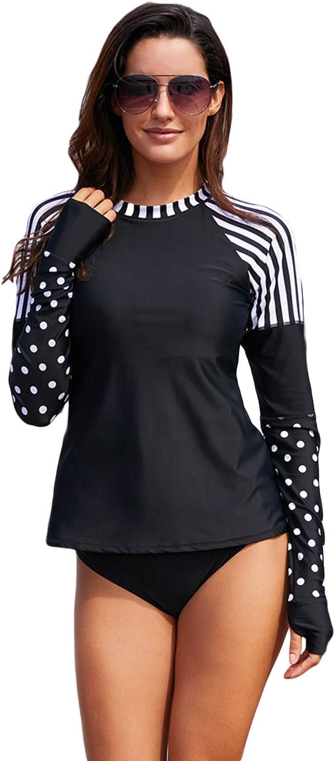 Boldgal Women's Bathing Full-Sleeved Polka Dot Rashguard Top (Black)
