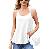 V FOR CITY Women's Tank Tops with Built-in Bra Flowy Eyelet Embroidery Camisole Adjustable Spaghetti Strap Camis Shirts