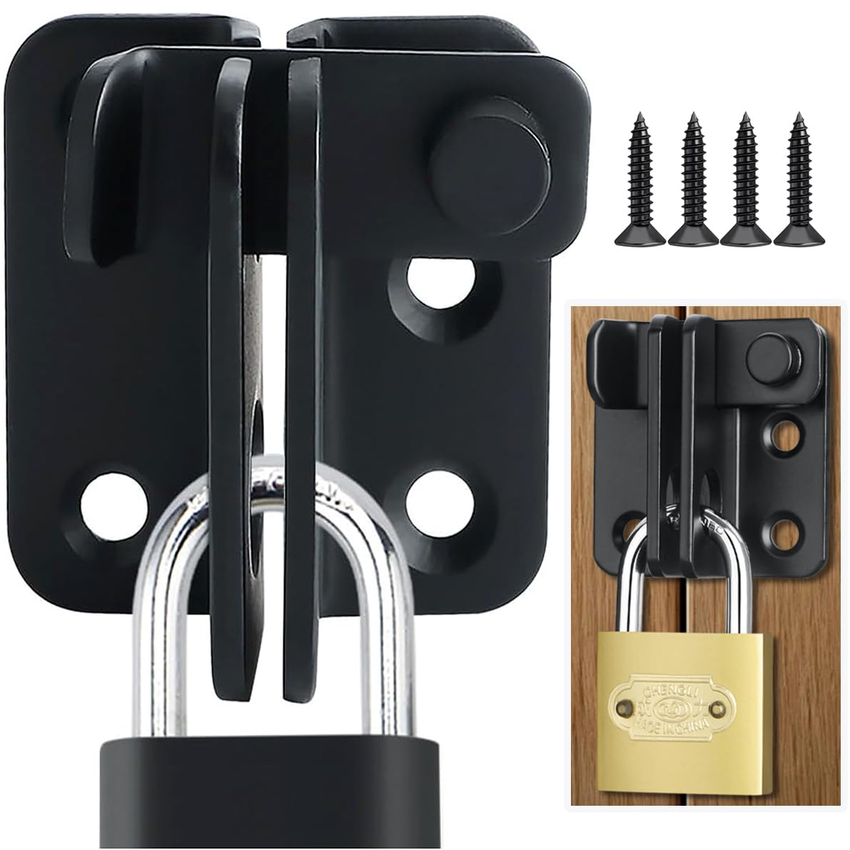 Litensh Stainless Steel Flip Gate Latch Door Bolt Lock with Padlock Hasp, Security Door Latch for Shed, Cabinet, Barn, Pet Cage & Sliding Door, Right Open Black Size S