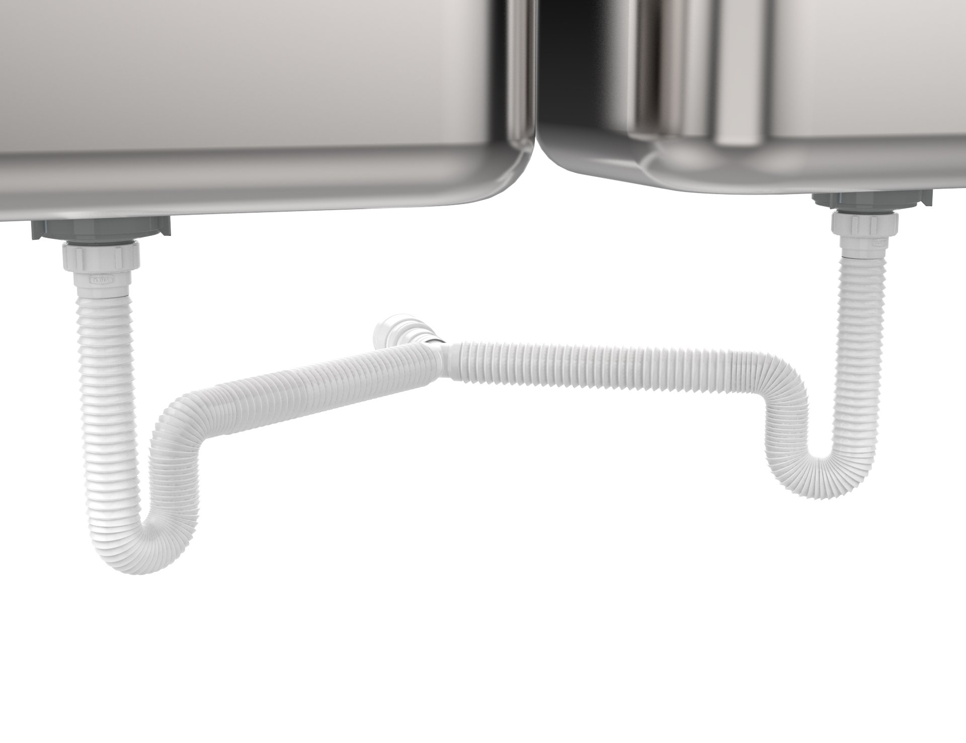EASYDRAIN Ref. 505 DOUBLE KITCHEN SINK P-trap, Expandable & Flexible 1-½" with 2 female threaded Nuts on both sink outlets and 4 size options to the wall drain: DN38 x DN40 x DN48 x DN50