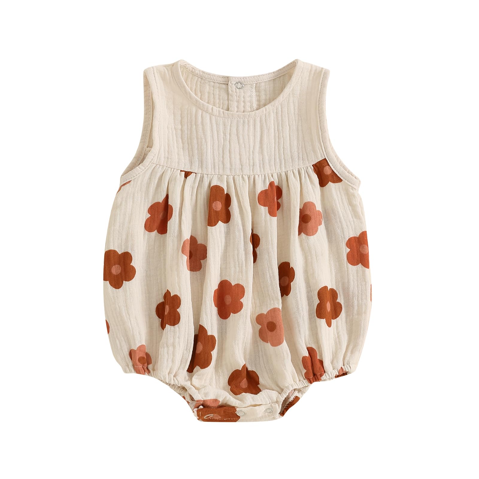 Photo 1 of BemeyourBBs Newborn Baby Girl Summer Clothes Sleeveless Bubble Romper Jumpsuit Top Infant Clothing Cute Baby Girl Outfits (Flower Brown, 0-3 Months)