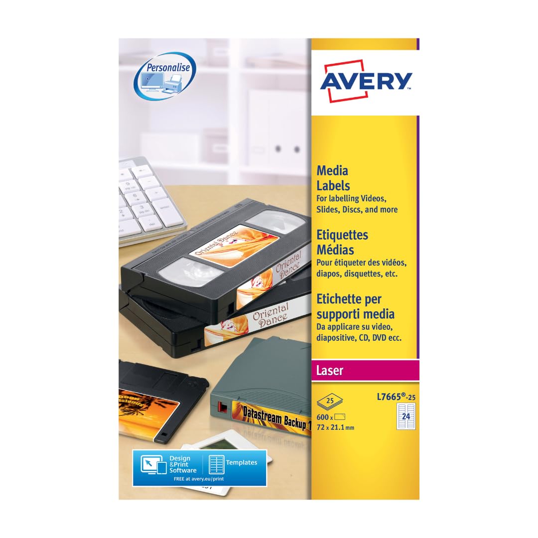 Avery L7665-25 Printable, Customisable Data Cartridge/Data Storage Labels, 24 Labels Per A4 Sheet, White