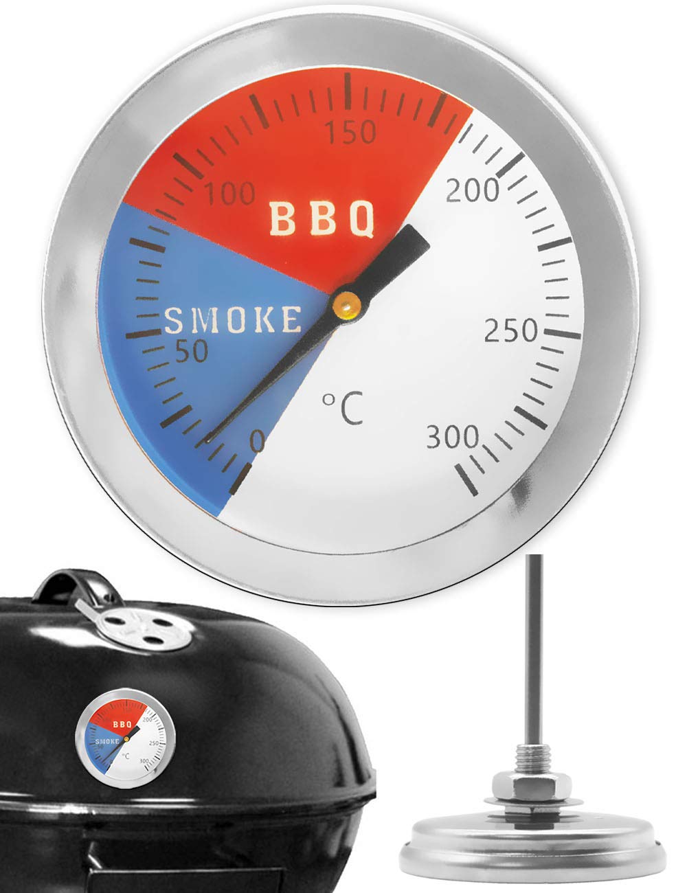 HomeTools.eu® - Temperature-resistant, analogue BBQ grill thermometer, cooking thermometer, for retrofitting for BBQ smoker, grill pots, roasting dish, smoker, oven, diameter 5.2 cm, 0 °C - 300 °C