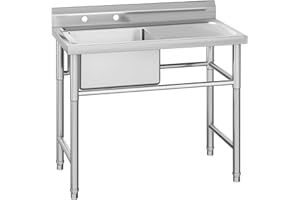 HARMOHABY Stainless Steel Freestanding Single Bowl Utility Sink with Workbench for Garage, Laundry Room, Kitchen, and Restaurants, Durable Commercial Grade, Easy to Clean, Perfect for Home & Business Use