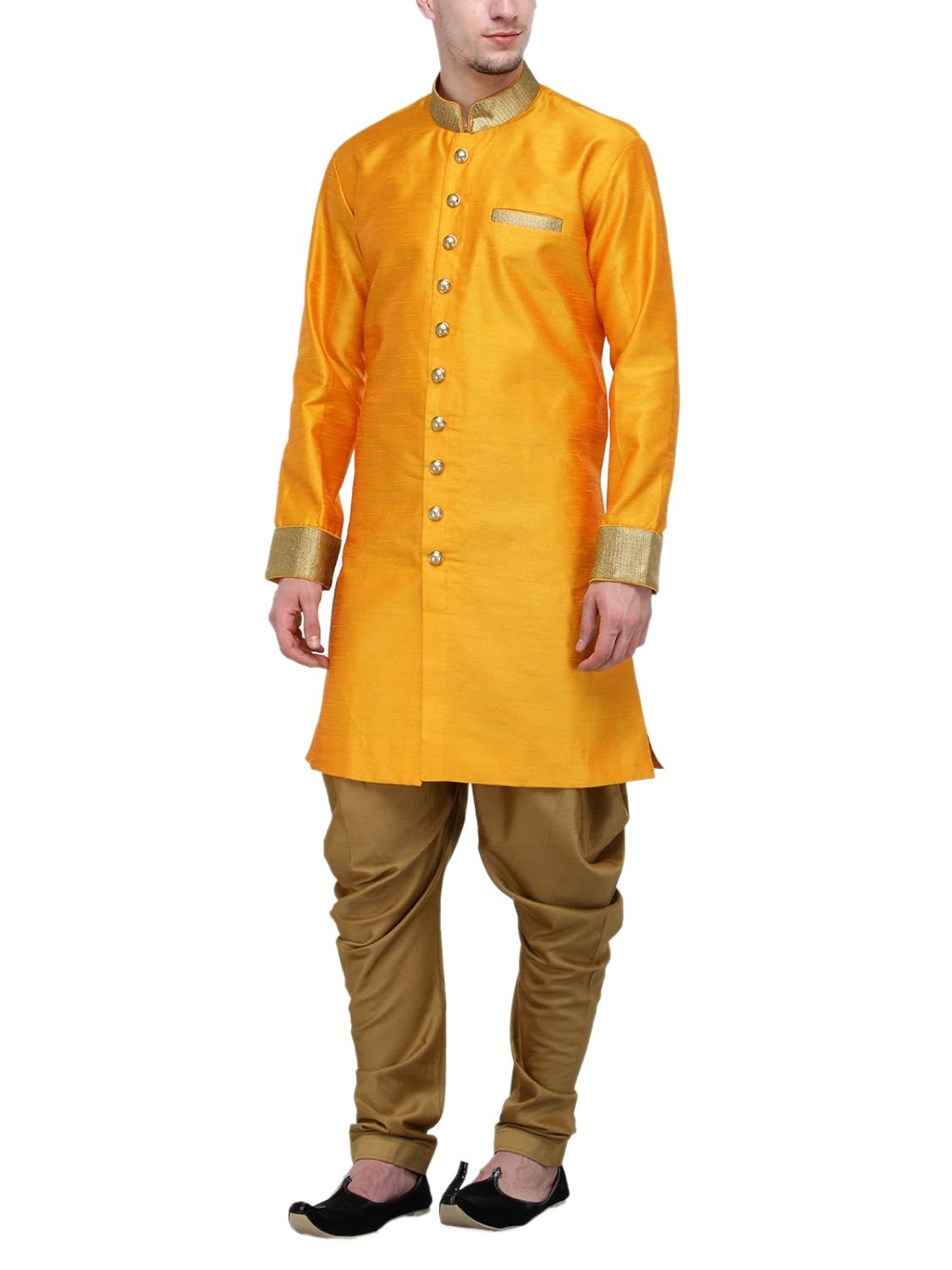 rg designers gold plain sherwani for men