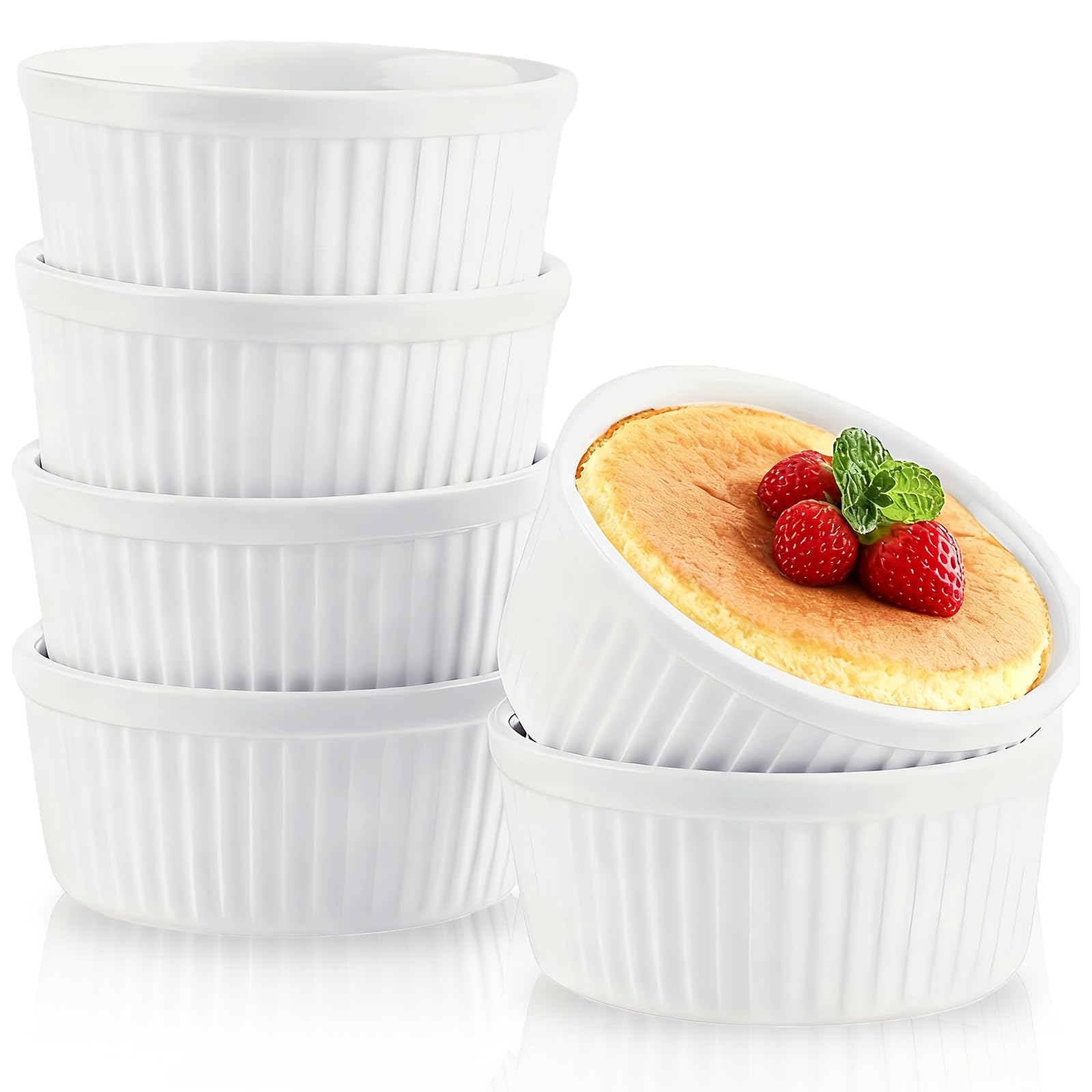 3.5 oz White Porcelain Ramekins, Small Souffle Dishes for Creme Brulee, Ice Cream, Dipping and Sauces Cup, Ceramic White Mini Baking Bowls Set of 6