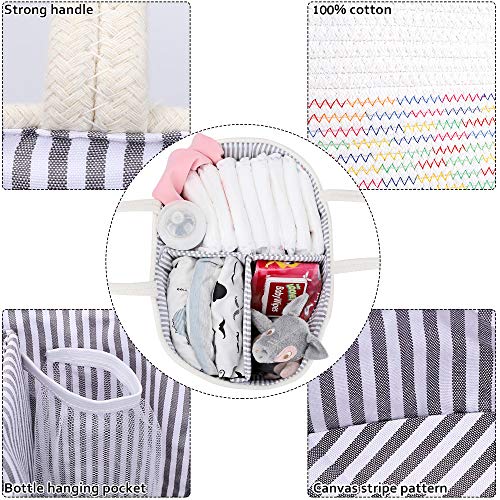 Mebbay Baby Diaper Caddy Organizer, Woven Cotton Rope Storage Basket, Nursery Storage Bin for Changing Table and Car, Detachable Partition with Bottle Holder, Colorful Stitching - Thumbnail 2