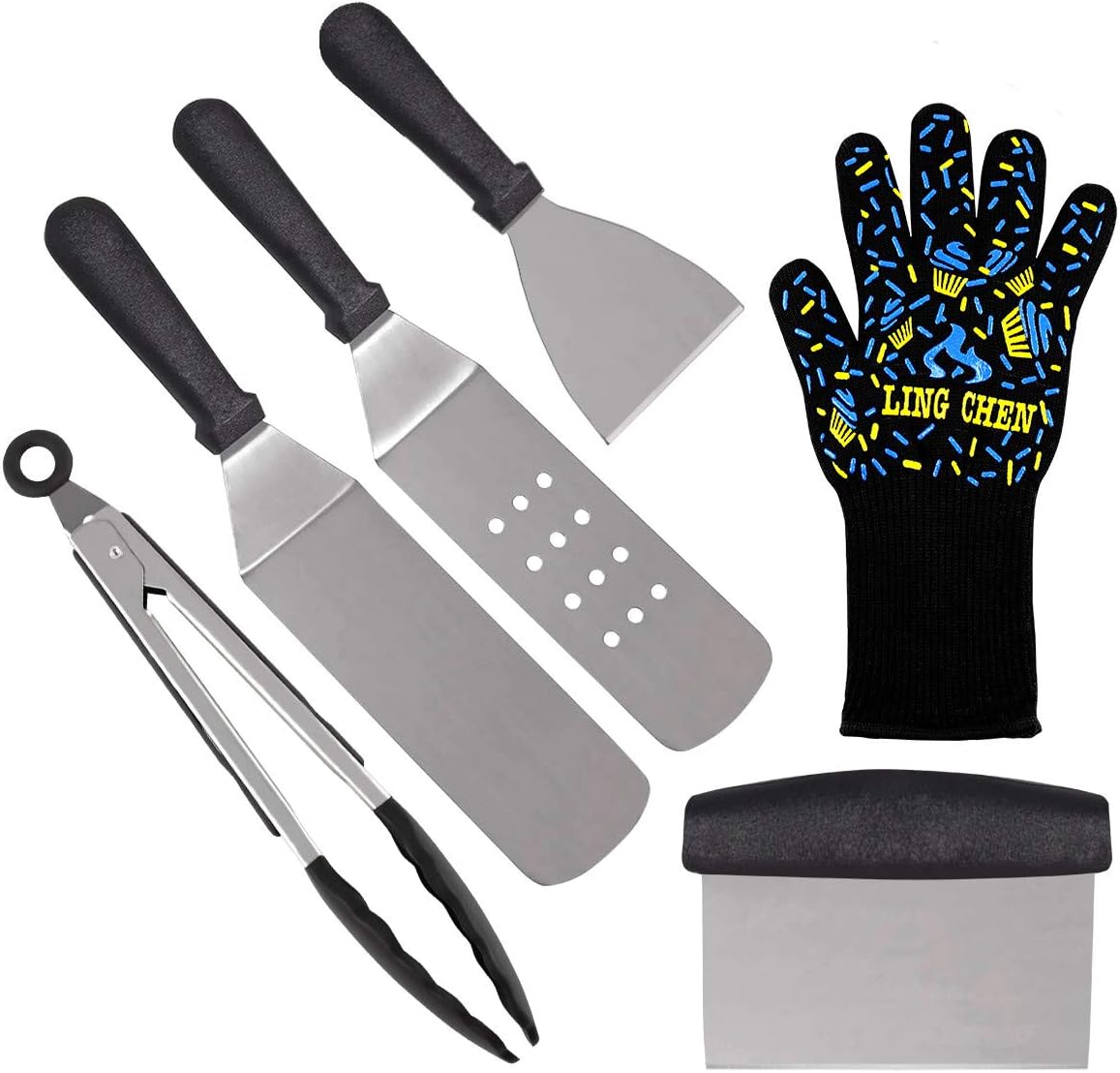 Conthfut 6Pcs Professional BBQ Griddle Accessories Kit with BBQ Heat Resistant Glove - Heavy Duty Stainless Steel Griddle Spatula Set for BBQ Grill, Flat Top Cooking, Camping and Tailgating