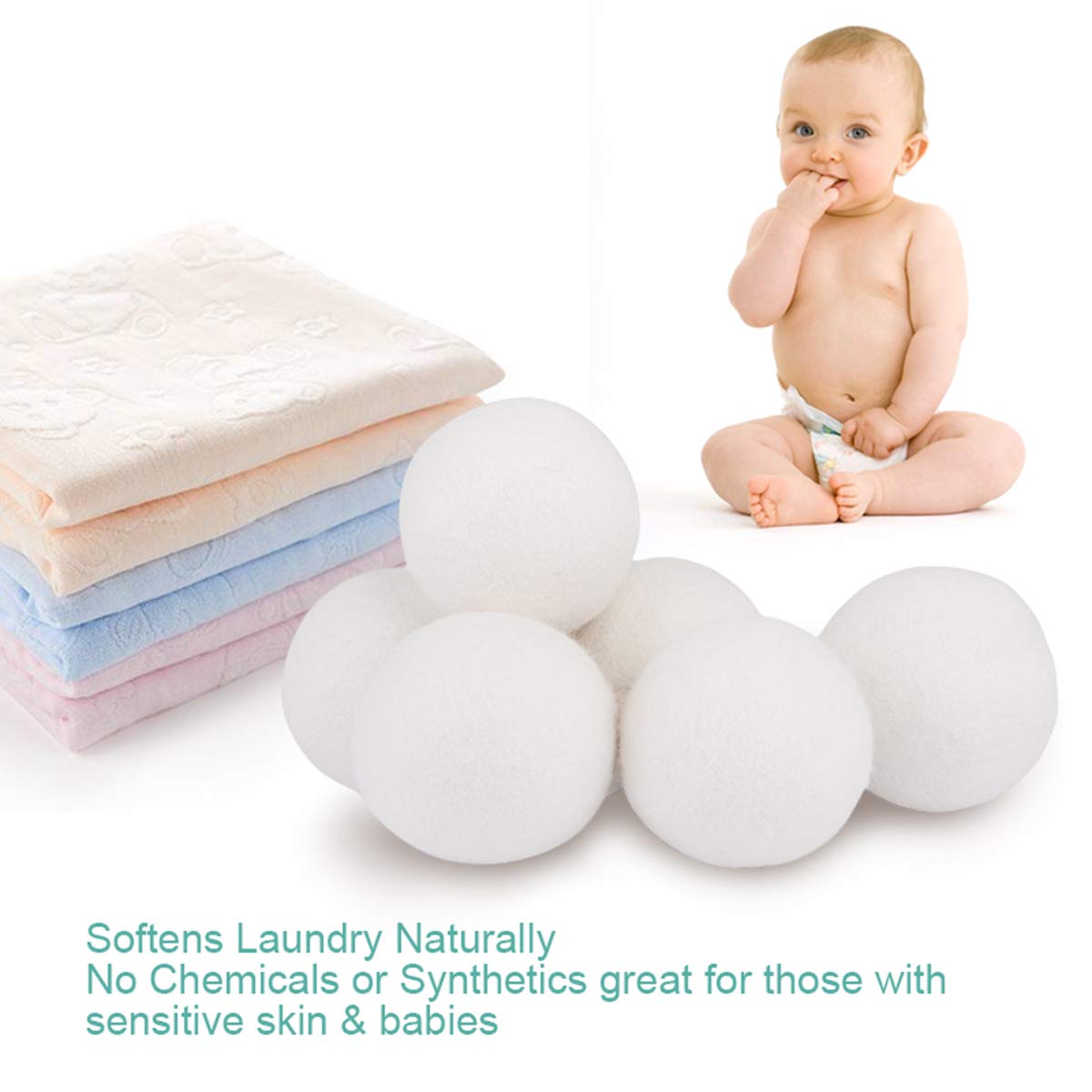 Wool Dryer Balls, XL 6 Pack 3\'\', 100% Organic New Zealand Natural Fabric Softener, Hypoallergenic Baby Safe, Reduce Wrinkles, Static Cling, Hypoallergenic, Chemical Free