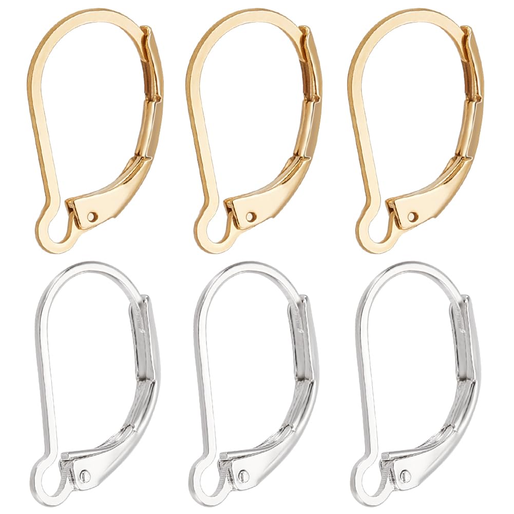Beebeecraft 1 Box 60Pcs Leverback Earring Findings 24K Gold & 925 Sterling Silver 2 Colors Clasp Earring Hooks Ear Wire Clip Earring Connector for Jewelry Making