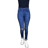 Vibrant Women's Stretch Skinny Jeans - High Waisted Slit Ripped Knee Solid Casual Denim Pants