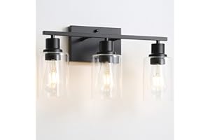 FILIMITIY Bathroom Vanity Light Fixtures, 3-Light Matte Black Bathroom Lights, Wall Sconces with Clear Glass Shade for Hallway Farmhouse Bedroom Living Room