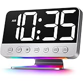 Odokee Digital Alarm Clocks for Bedrooms: Easy to Read Across The Room | Large Bold Number 5 Brightness Dimmer - 8 Night Light 5 Sound - Loud Alarm for Heavy Sleepers with Adjustable Volume - Silver