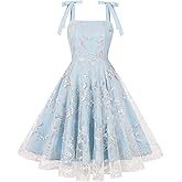 IMEKIS Women Square Neck Tie Strap Tulle Prom Dress Vintage Embroidered Floral Formal Evening Party Cocktail Dress