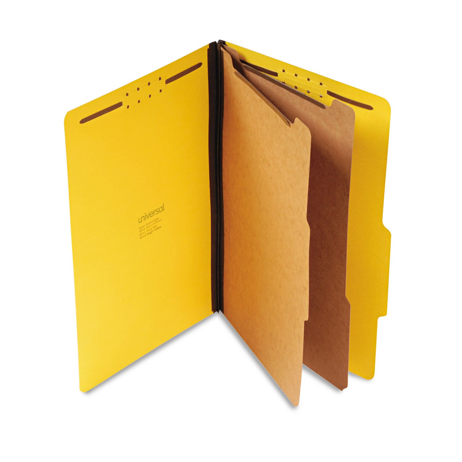 Photo 1 of **MISSING CLASSIFICATION FOLDERS** Universal Bright Colored pressboard Classification folders, 2" Expansion, 2 dividers, 6 Fasteners, Legal Size, Yellow Exterior, 10/Box