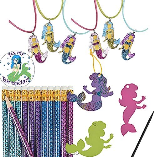 Mermaid Party Favors For 12 - Mermaid Necklaces (12), Magic Scratch Mermaids (24 with cords), Mermaid Pencils (12) and a Birthday Sticker