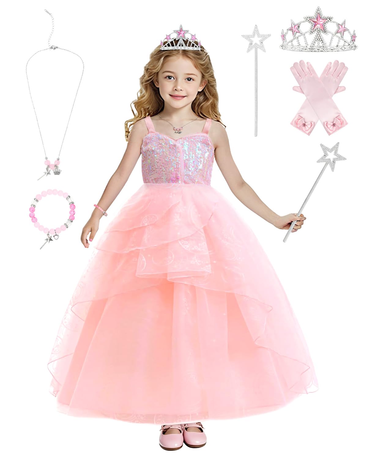 Photo 1 of Behufun Kids Good Witch Dress Costume for Girls - Halloween Pink Witch Princess Dress with Crown Wand Cosplay Party Outfit