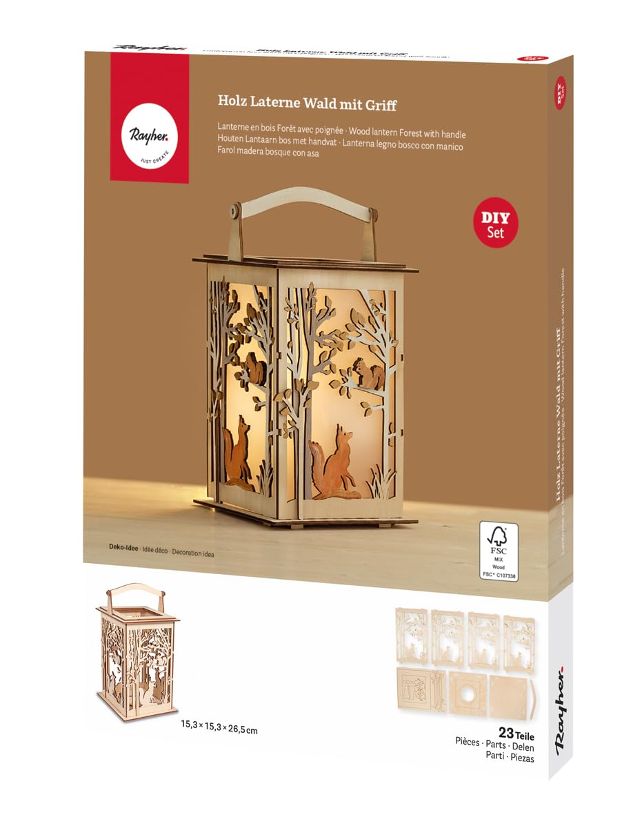 Rayher Wooden Lantern Building Kit with Fox and Squirrel Design, DIY Wood Craft Set with 23 Slot-Together Pieces, Natural Wood, 15.3x15.3x26.5cm, 64030505
