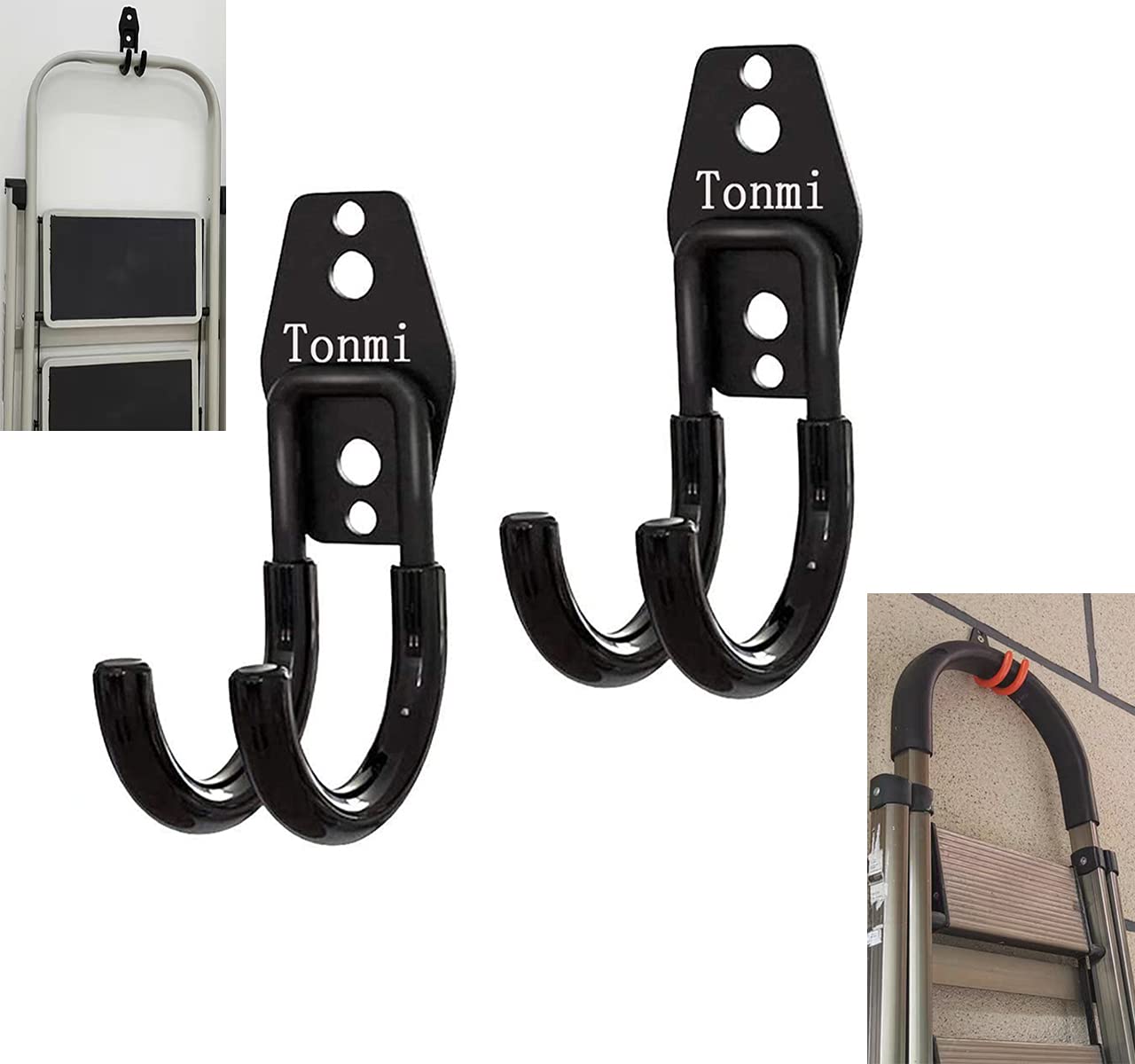 Tonmi 2Pcs Step Stool Hanger Wall Mount, Folding Mount Hook, Ladder Hanger, Telescoping Hooks for Home and Office Display Storage Stools Tool (0-Type), Black