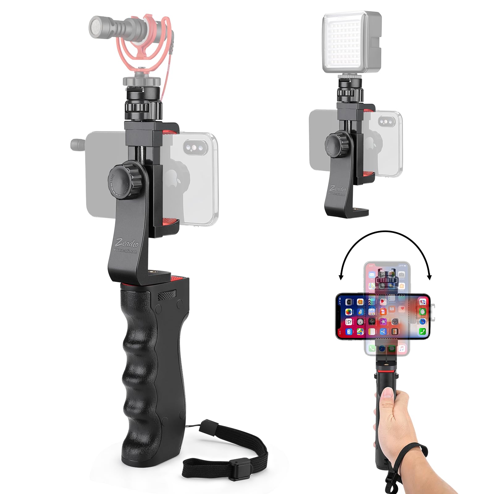 Zeadio Smartphone Stabilizer, Vlogging Hand Grip Video Holder Rig Handle Travel Selfie Stick with Clamp Mount for All iPhone and Android Mobile Cell Phone