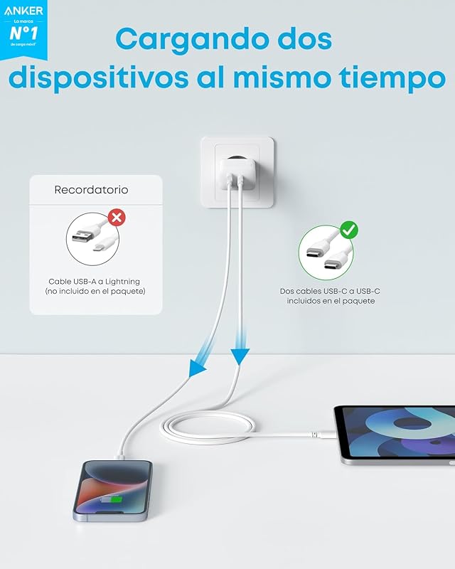 Cargador iPhone Carga Rapida USB C 20W con 2 Puertos