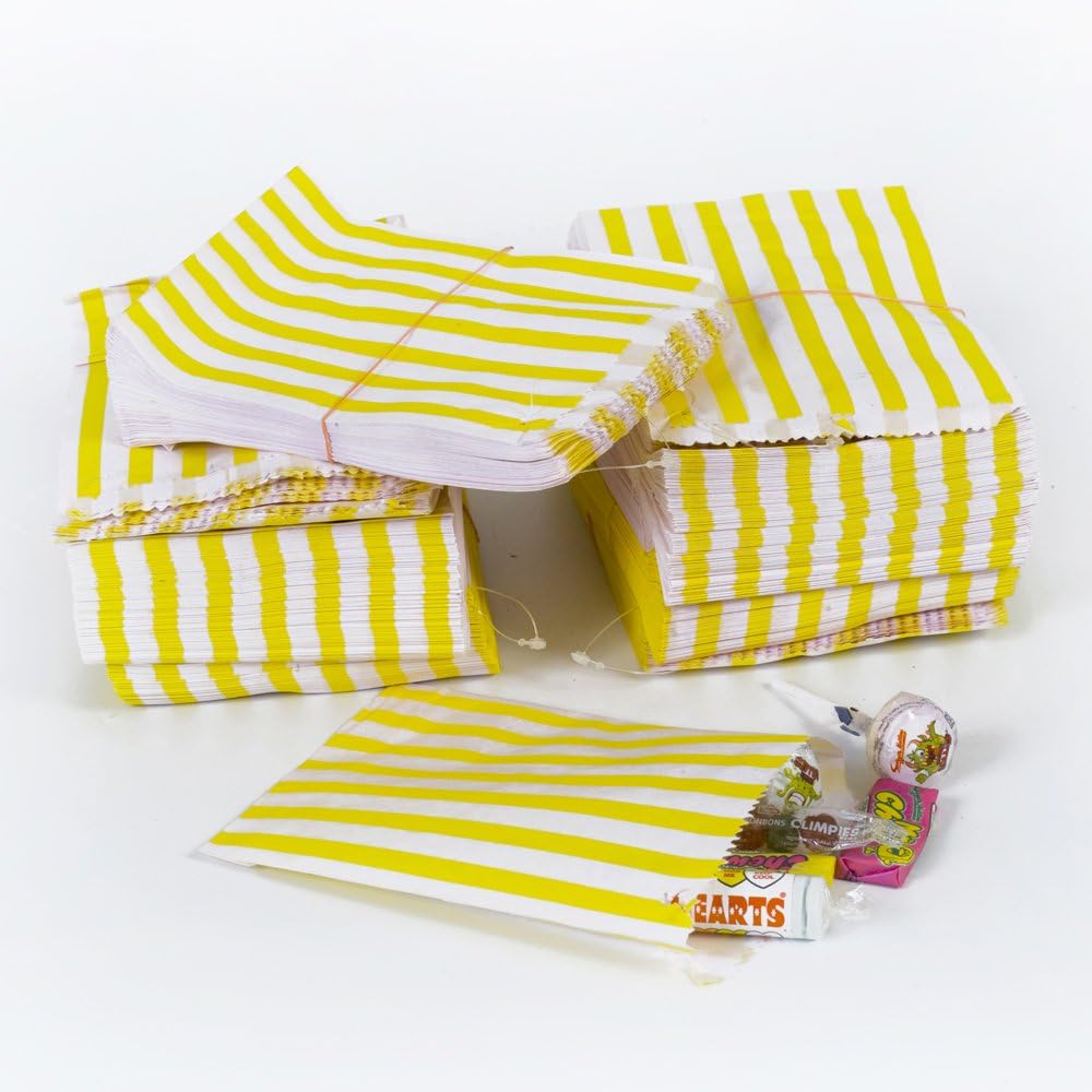 UNIPACKLTD® Yellow Candy Stripe Paper Bags - 7" x 9" - (1 pack = 100 bags)