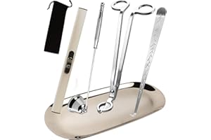 KOAKOMI 5 in 1 Candle Accessory Set, Candle Wick Trimmer Cutter, Candle Snuffer & Candle Wick Dipper,USB Rechargeable Lighter, Storage Tray Plate for Candle Lover Mom Gift, Candle Care Kit (Silver)