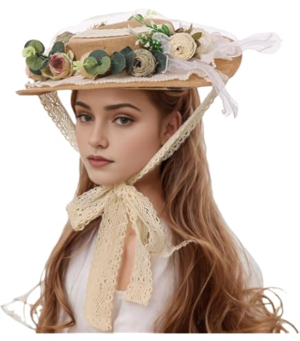 Elegant Victorian Tea Party Sun Hat with Bows & Florals - Brown Straw Accessory Victorian Womens Tea Party Sun Hat Lolita Bows Mozambique | Ubuy main image 3