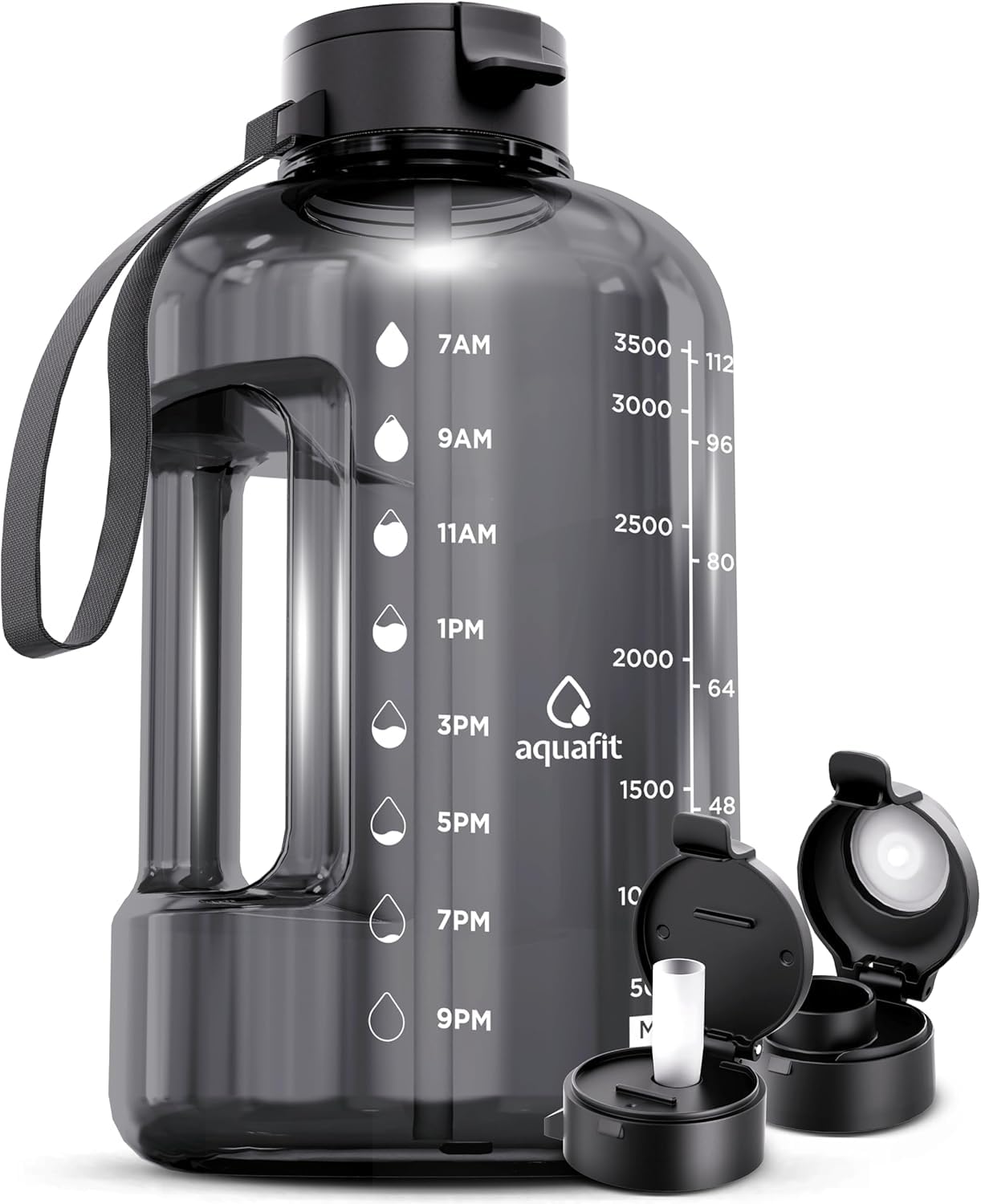 Photo 1 of AQUAFIT 1 Gallon Water Bottle with Time Marker - Straw & Chug Lid - BPA Free Gym Water Bottle with Straw - Big Gallon Jug (Gray, 128 oz - 2 Lids)