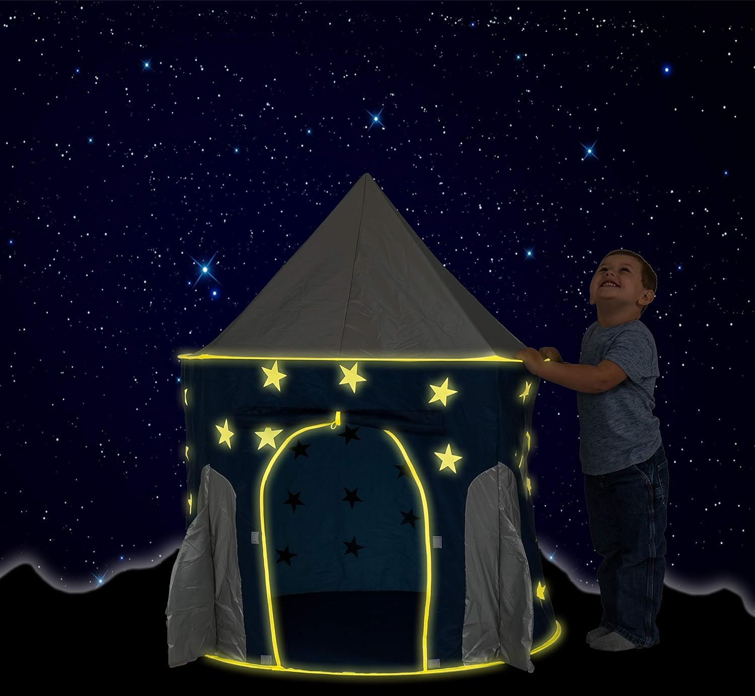 FoxPrint Rocket Ship Tent - Space Themed Pretend Play Tent - Space Play House - Spaceship Tent For Kids - Foldable Pop Up Star Play Tent Blue