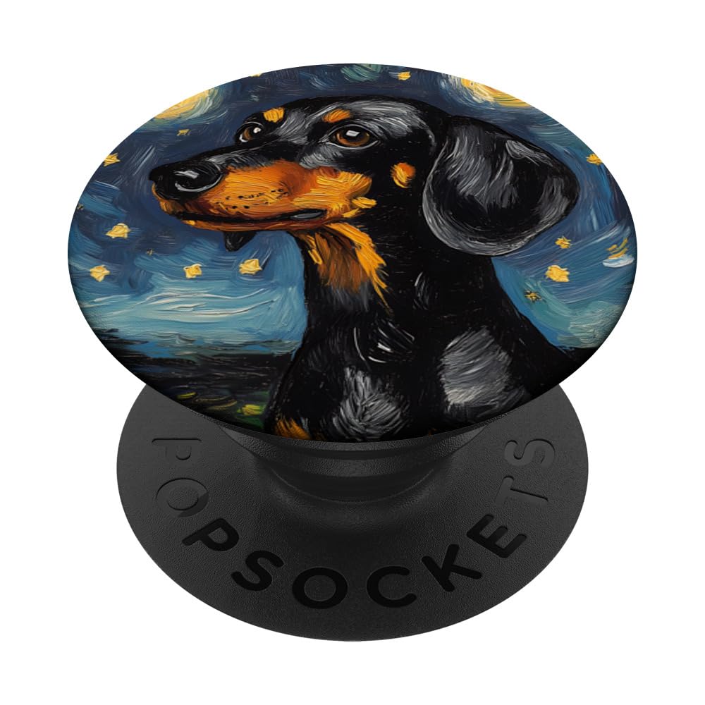Cute Black and Tan Dachshund Starry Night Dog Art PopSockets Adhesive PopGrip