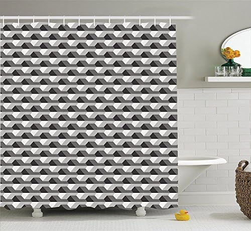 Geometric Decor Shower Curtain Set by Aluoni, Concrete Geometric Patterns with Odd Minimalist Linked Shapes Illustration Print, Bathroom Accessories, Grey Black White