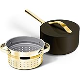 Caraway Nonstick 3 Qt Ceramic Sauce Pan with Lid & Steamer - Non Toxic, PTFE & PFOA Free - Oven Safe & Compatible with All Stovetops (Gas, Electric & Induction) - Black