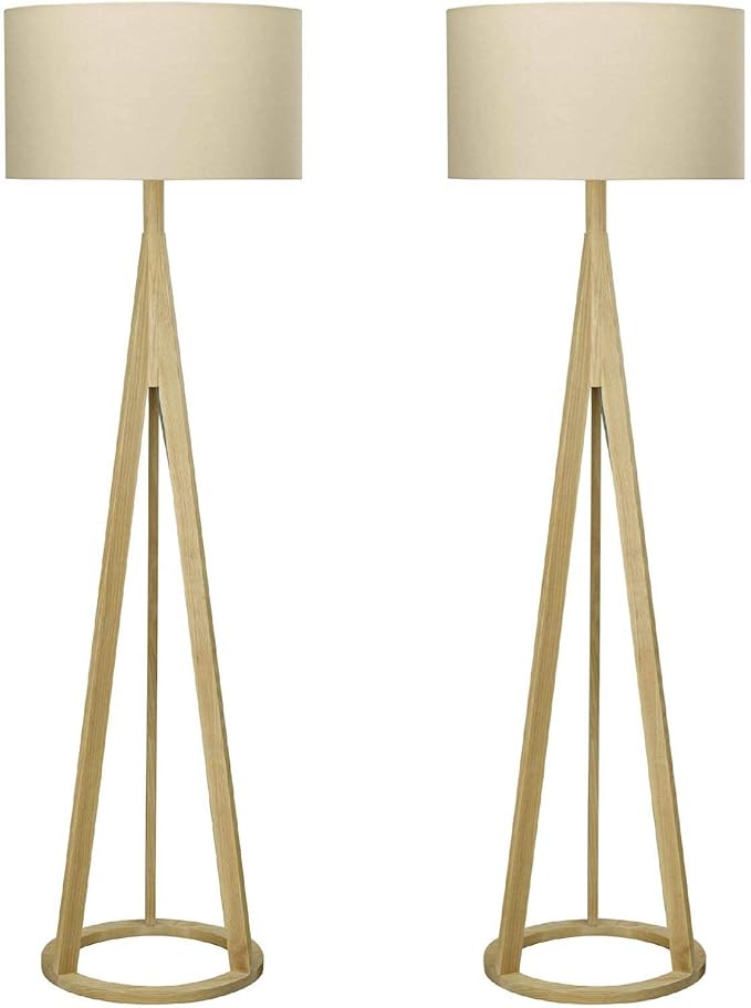 Pair of Contemporary Wood Tripod Floor Lamp Lights with Matching
