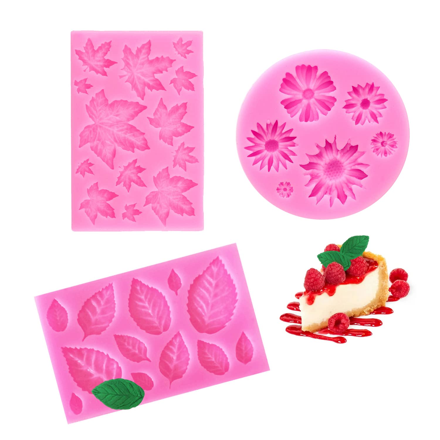 MUEEAD 2 pcs Leaf molds and 1 pcs Flower molds, Silicone molds, Leaf Silicone Fondant molds, Chocolate molds, Craft molds, for Making Cakes, Bread, Chocolate, Fondant, etc.