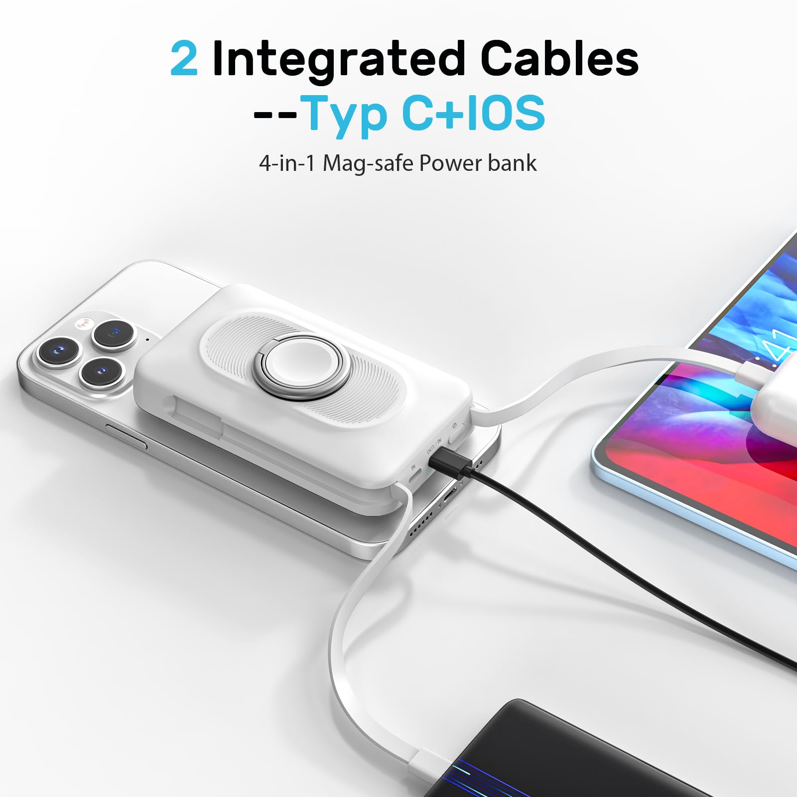Mag-safe Power Bank 20000mAh, 22.5W PD Wireless Power Bank Fast Charging, Portable Charger with Built in USB-C/IOS cable, Magnetic Battery Pack with Stand for iPhone 16/15/14/13/12 Pro Max White
