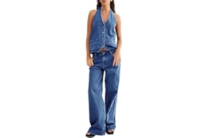 Fisoew Women's Two Piece Denim Set Button Down Backless Tank Top and Wide Leg Jeans 2 Piece Outfit Suits