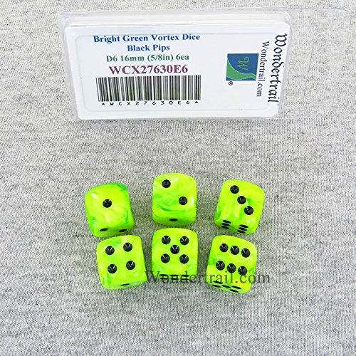 Bright Green Vortex Dice with Black Pips 16mm (5/8in) D6 Set of 6 Wondertrail WCX27630E6
