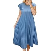 SEMATOMALA Women's Pleated Short Sleeve Maxi Dress Crewneck Loose Fit Flowy Swing Long Dress with Pockets