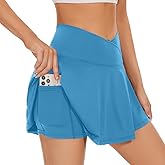 bpbtti Women's 1 Pack Crossover Tennis Skirt with Pockets High Waisted Pleated Golf Skorts Built-in Shorts (Light Blue, L)