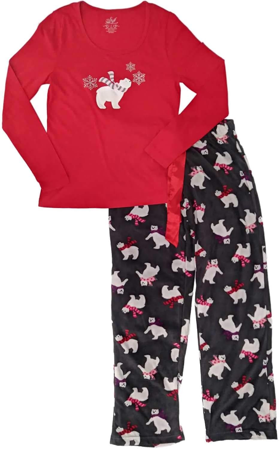 Womens Red Gray White Polar Bear Fleece Pajamas Snowflake Sleep Set