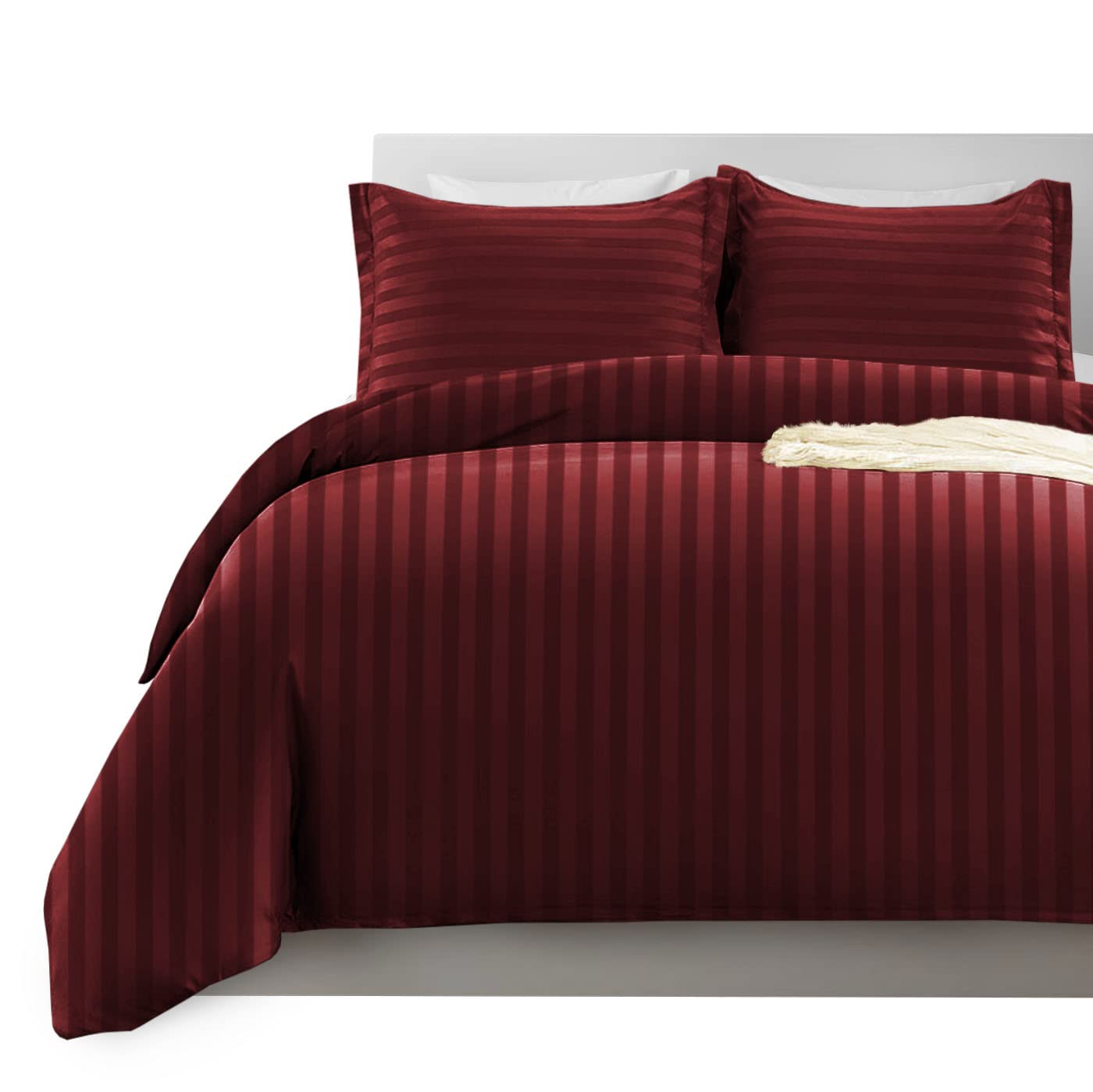 Imperial Rooms Double Duvet Set Reversible Stripes Satin Bedding Set with Pillowcases Breathable Microfiber Duvet Cover (Burgundy 200x200 Cm) — image 1