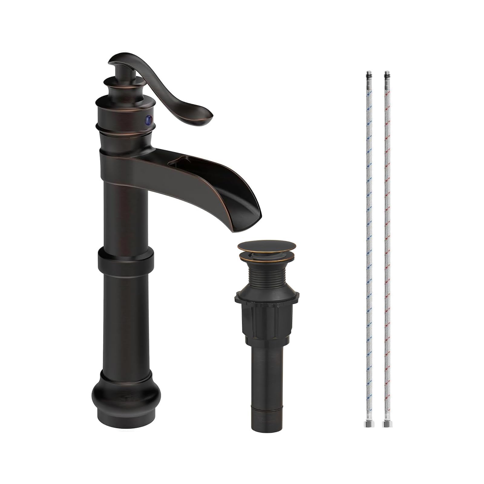 Homevacious Oil Rubbed Bronze Waterfall Vessel Sink Tall Black Single Handle Bath Basin Farmhouse with Pop Up Drain Assembly Lavatory One Hole Mixer Tap Without Overflow