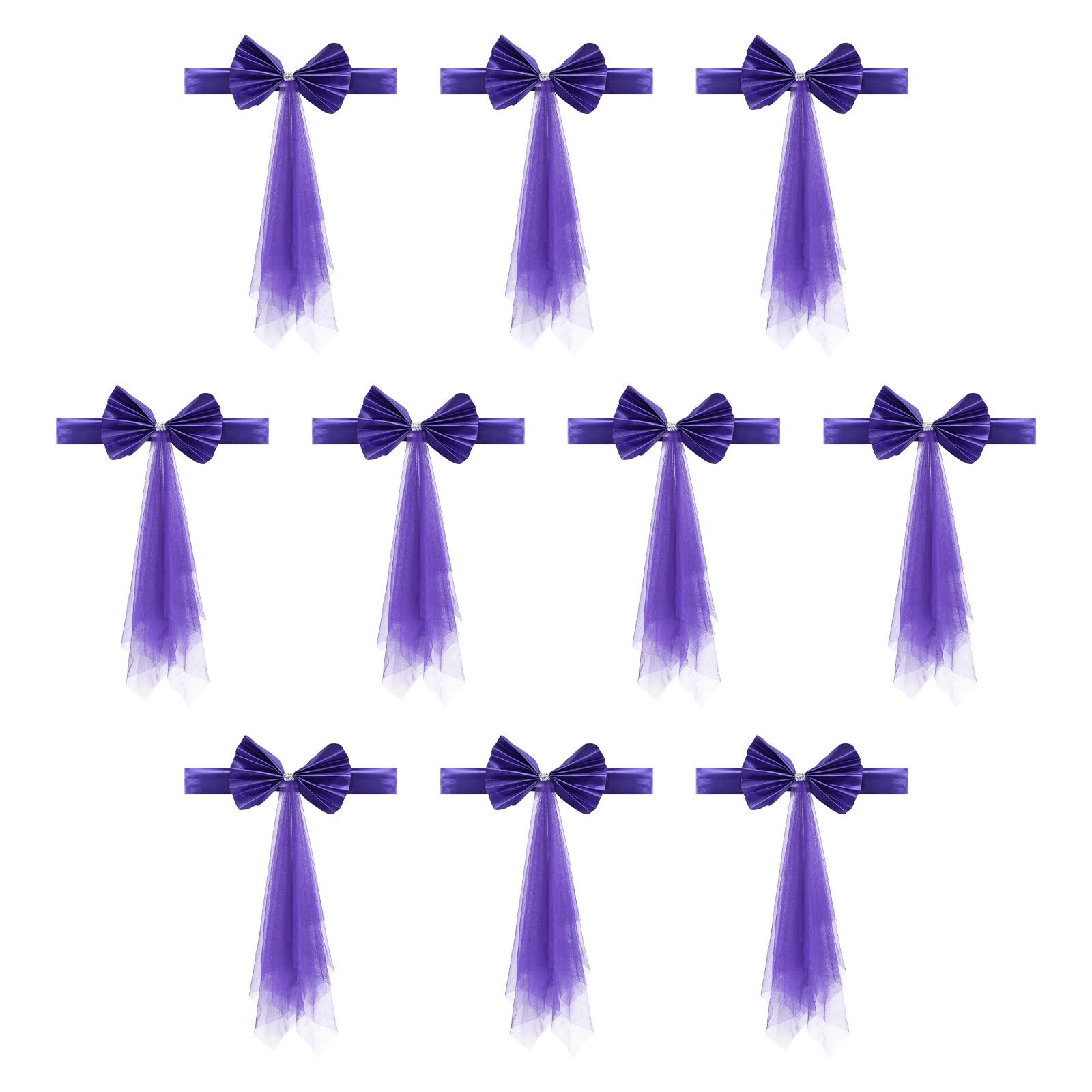 PATIKIL Stretch Satin Chair Sashes Bows, 12 Pack Chair Bands Decoration with Mesh Yarn Floating Tied for Wedding Banquet Events, Purple