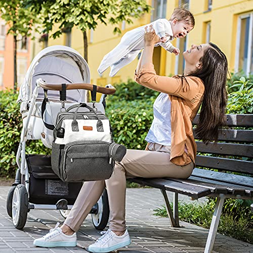 Diaper Bag Backpack,3 in 1 Baby Multifunction Travel Backpack with Portable Changing Station,Pacifier Case and Built-in USB,Large Unisex Baby Bags,Large Capacity,Waterproof,White+Grey