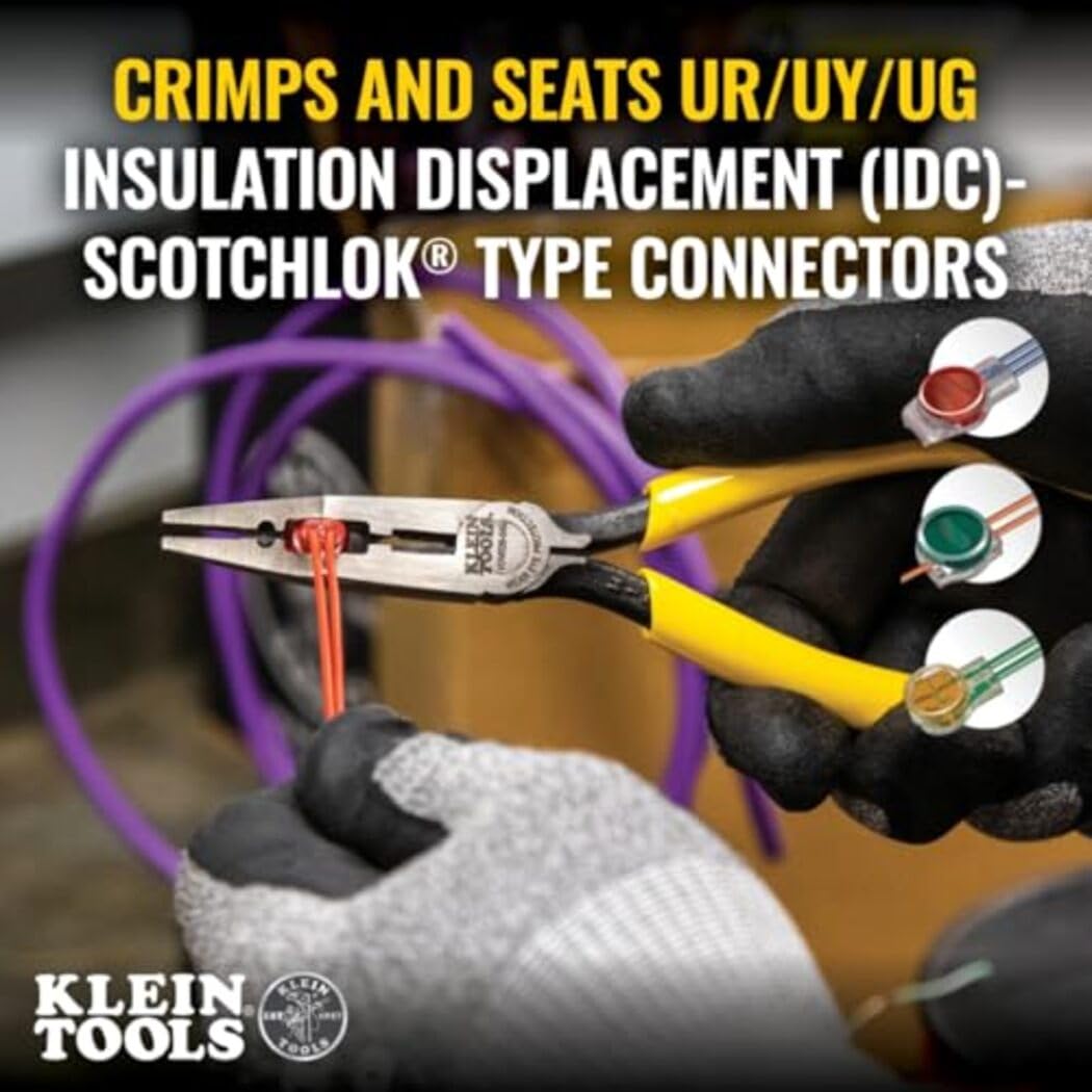 Klein Tools VDV026-049 Crimping Long Nose Pliers With Curved Handles, Grooved Jaws and Induction Hardened Steel