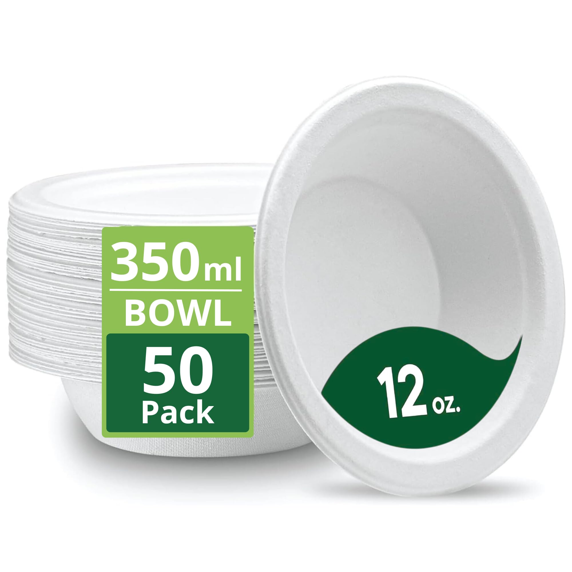 Strong Paper Bowls (350ml / 50 Pack) Disposable Compostable White Bagasse Bowls for Party – Biodegradable Eco-Friendly Microwavable Soup Bowl for Dessert Milk Salad Cereals - Christmas, Weddings