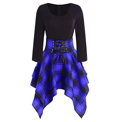 Women Plaid Dress Casual O-Neck Lace Up Tartan Print Jamaica | Ubuy