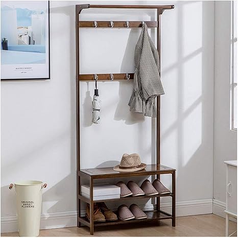 Amazon Lilis ハンガーラック 家庭用収納ラック コートラック靴ベンチ ストレージ ホールツリー玄関収納棚産業コートツリーの服シューズラック Color Brown Size With Cushion ハンガーラック オンライン通販