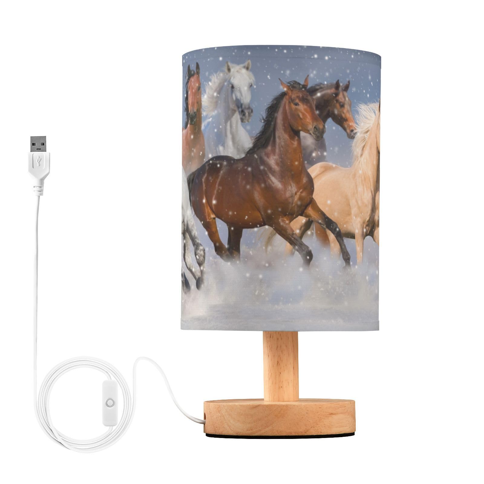 Bedside Table Lamps, Horses in Snow USB Table Lamp for Bedroom, LED Light Bedroom Bedside Table Décor Night Lamp Warm White